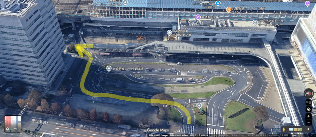 高崎駅東口ロータリー周辺の航空写真（GoogleMapより）